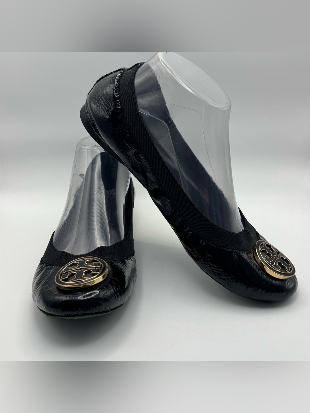 Tory Burch Reva Black Patent Leather Ballet Flats Gold Logo Women’s 8M